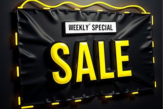 Weekly special sale banner. Bold yellow text on black background, vibrant splashes, eye-catching design for promotions or discounts.