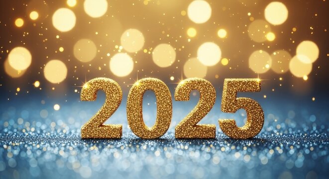 Sparkling golden 2025 numerals glitter beautifully against a bokeh background, representing the new year and success on transparent background - Powered by Adobe