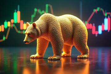 Golden bear stands on reflective floor, backdrop of glowing financial charts symbolizing market downturn or investment caution.