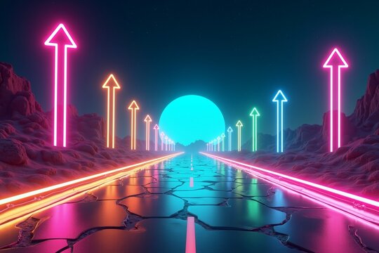 Neon-lit desert road under glowing moon, rainbow arrows guide way ahead in retro-futuristic night landscape.