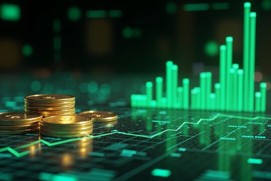 Golden coins and glowing charts symbolize financial growth, success in trading or investment markets.