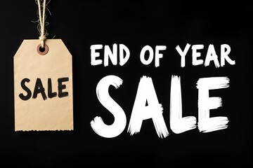 End of year sale tag hangs beside bold white text on black background, promoting final discounts and urgency.