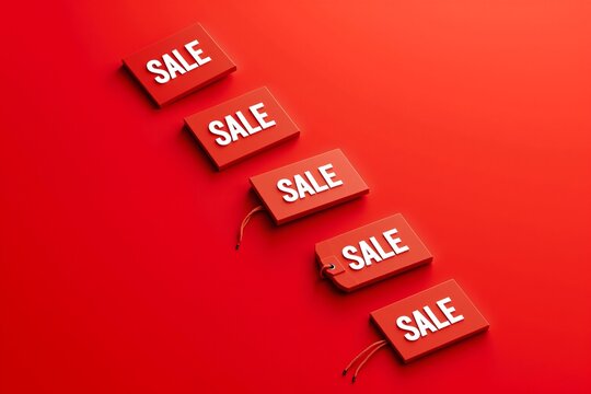 Five red "SALE" tags arranged diagonally on vibrant orange background, promoting discounts and shopping deals.