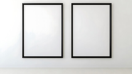 Two minimalist frames grace a pristine white wall, their stark black borders adding a touch of modern elegance. Clean lines and empty spaces create a sense of tranquility.