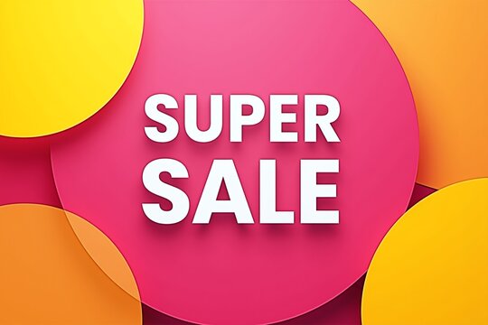 Vibrant pink background with bold white "SUPER SALE" text, surrounded by colorful yellow and pink spheres. Modern, eye-catching promotional design.