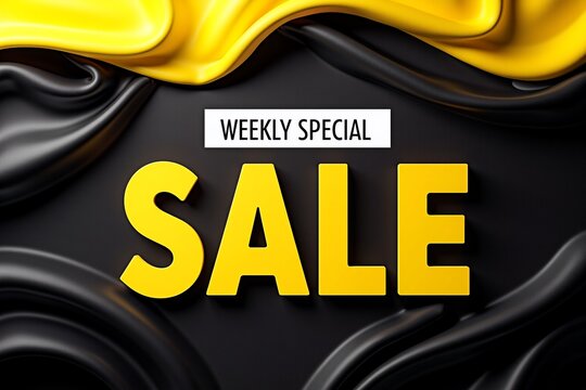 Black and gold wavy background. Bold yellow "SALE" text. Weekly special offer. Modern, eye-catching design.