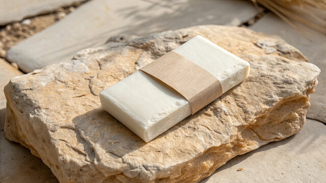 A bar of handmade soap lies on a smooth piece of natural stone, surrounded by a calm outdoor environment with soft sunlight and greenery in the background, creating a peaceful atmosphere