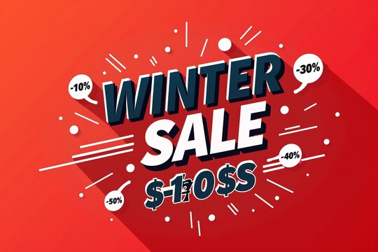 Winter sale banner with bold discounts, arrows, and percentages on vibrant red background. Modern flat design style advertisement.