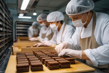 photo of chocolate bars being made in a large factory, workers wearing white aprons and gloves sitting at their desks with the same shape-like lines on them. 