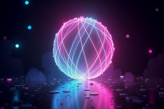 Neon pink and blue glowing sphere with rings, reflecting on dark surface. Futuristic, cyberpunk aesthetic.