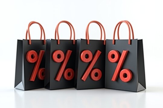 Four black shopping bags with red percentage signs, symbolizing discounts and sales on a clean white background.