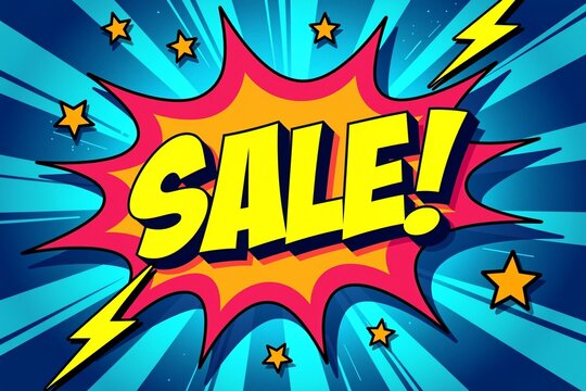 Vibrant comic-style "SALE!" explosion with stars, lightning bolts, and bold colors announcing a thrilling discount promotion. - Powered by Adobe
