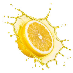 Fresh lemon half splashing with juicy, perfect for citrus, freshness, drink, and healthy food design projects. isolated on white or transparent background.PNG format.