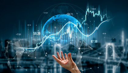 A striking visual of a hand reaching towards a digital graph representing market growth and data...