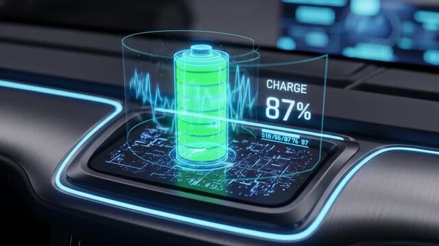 Futuristic Display of Battery Charging on a Modern Interface with Holographic Elements
