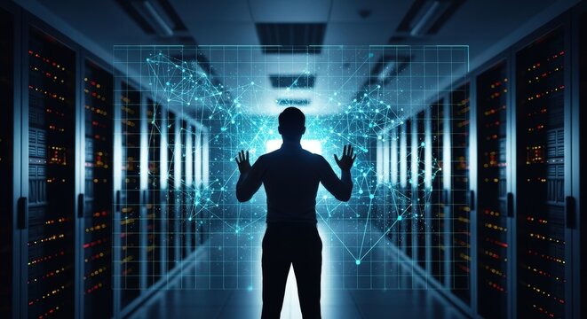 Man interacting with futuristic digital data streams in a server room