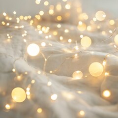 Soft Focus Golden Fairy Lights on a White Background or Fabric