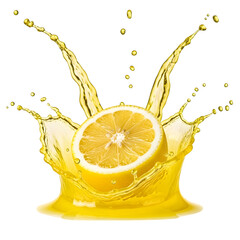 Fresh lemon half splashing with juicy, perfect for citrus, freshness, drink, and healthy food design projects. isolated on white or transparent background.PNG format.