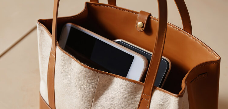 A fashionable tote bag with leather handles is sitting on a flat surface, showcasing a tablet and phone inside. This design combines practicality and elegance for daily use