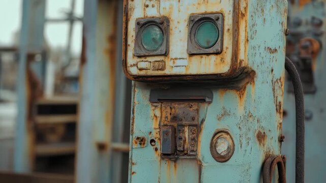 An old mechanical device with a weathered exterior and distinct facial features stands in an industrial area, surrounded by rusting machinery under a cloudy sky.