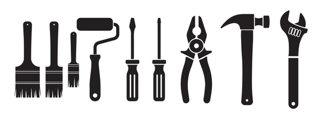 Silhouette set of repair and painting tools isolated on white background