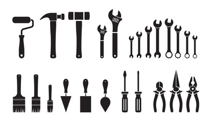 Set of construction and repair tools silhouette isolated on white background