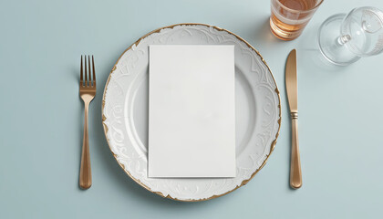 A beautifully arranged table features a decorative plate with a blank card at the center