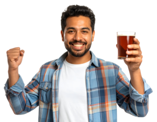 A cheerful young man celebrating with a glass of beer and a victorious gesture of his fist in a casual setting