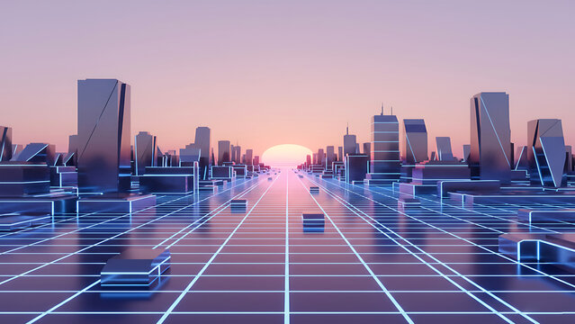 Retro Futuristic Cityscape with Neon Grid and Pastel Sunset Sky