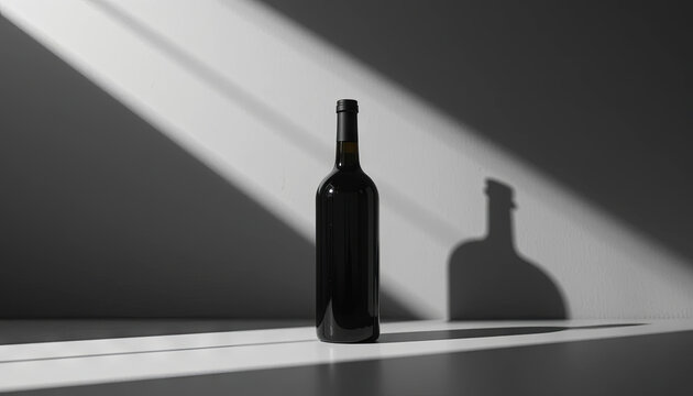 A dark wine bottle stands on a plain surface, illuminated by angular beams of light. The shadows create a striking contrast, enhancing the scene's simplicity