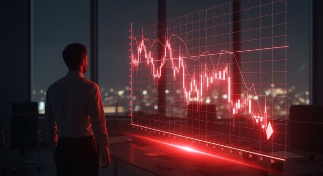 Man in silhouette watches red stock market graph decline over cityscape at night