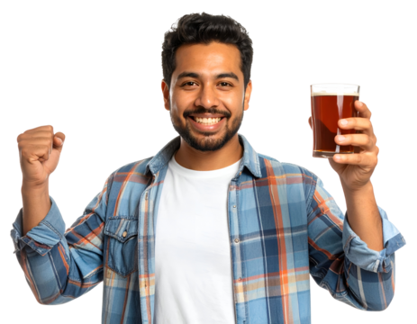 A cheerful young man celebrating with a glass of beer and a victorious gesture of his fist in a casual setting