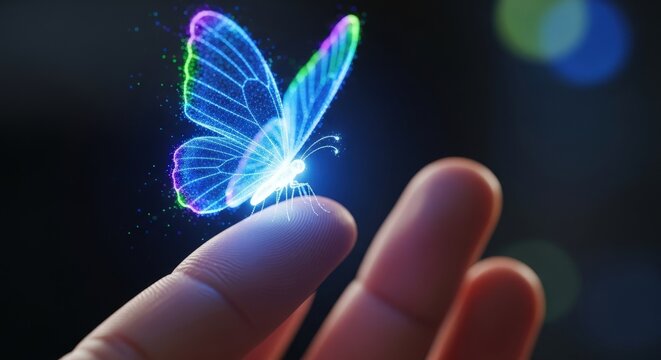 Glowing neon butterfly rests gently on a person s fingertip in darkness