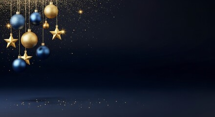 Luxurious holiday background featuring gold stars and blue ornaments with glittering particles falling gracefully, isolated on transparent background