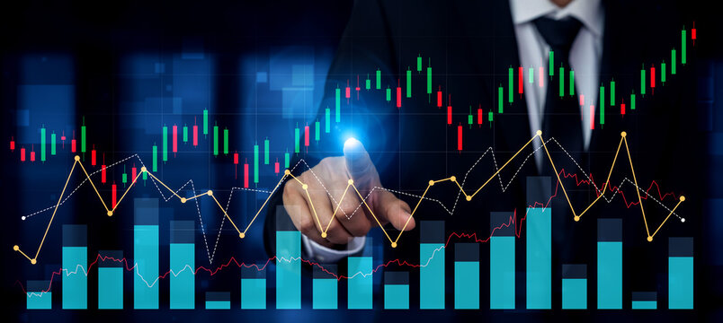 A business professional observes and interacts with financial data trends using touchscreen technology, analyzing stock market graphics to enhance investment strategies. Scalp