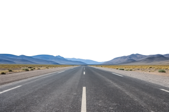 Desert Road with Blue Mountains in the Distance and a Black Sky highway landscape, Isolated On White Background, Png Transparent