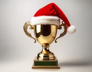 Golden Trophy Wearing a Santa Hat, Symbolizing Festive Victory and Holiday Season Achievements