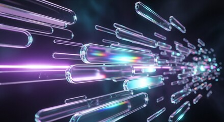 A collection of floating transparent glass prisms and cubes glows softly against a dark background, creating a modern 3D abstract scene with reflections and subtle light rays