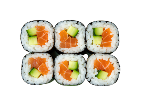 Six pieces of salmon and cucumber sushi rolls isolated on transparent background