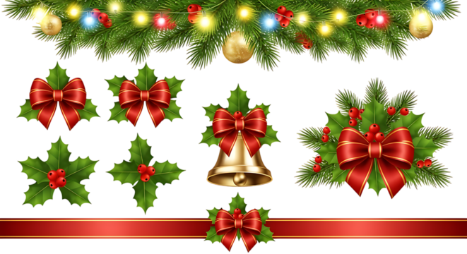 Christmas Decorations with Holly, Bells, and Lights