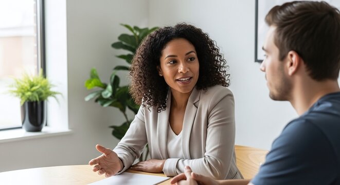 A confident woman in business attire talks to a man at a desk in a bright office space, surrounded by green plants and natural light creating a calm professional environment