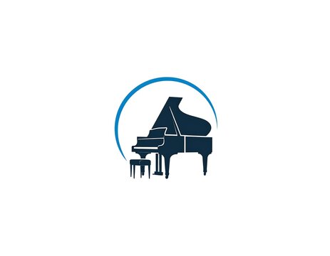 A silhouette of a grand piano and stool, centered within a blue crescent on a white backdrop