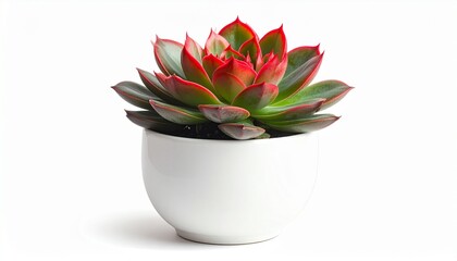 A vibrant red succulent with fleshy, symmetrical leaves arranged in a rosette pattern, placed in a white ceramic pot against a plain white background. Minimalist and striking botanical composition.