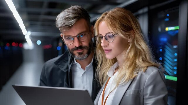 Data center professionals examining laptop computer server room environment - Powered by Adobe