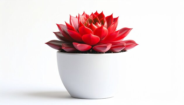 A vibrant red succulent with fleshy, symmetrical leaves arranged in a rosette pattern, placed in a white ceramic pot against a plain white background. Minimalist and striking botanical composition. - Powered by Adobe