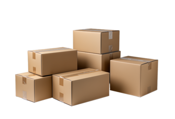 Stacked cardboard shipping boxes isolated on transparent background