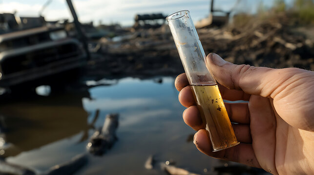 Analysis of water contamination: A hand holds a test tube filled with polluted water sampled from a site with discarded waste, showing environmental damage and the need for remediation.