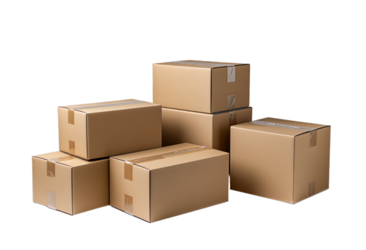 Stacked cardboard shipping boxes isolated on transparent background