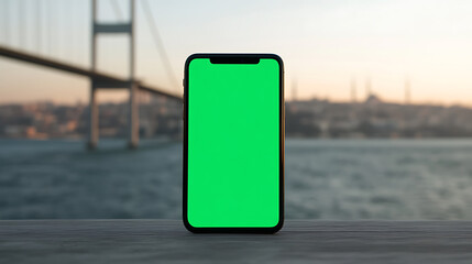 Phone with green screen on a wooden surface in front of a blurred cityscape with a bridge, ideal for app demos or location simulations. Tech and travel concept.