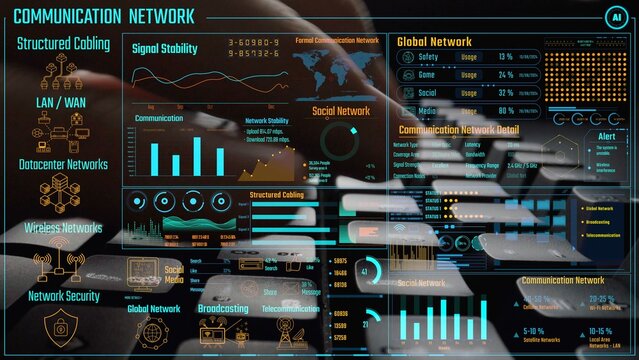 Data center monitoring dashboard visualize network performance, connection status, usage rate, and telecommunication insight. Data center monitoring efficiency improvement network transparency. Thunk - Powered by Adobe